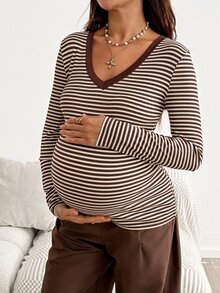 SHEIN Maternity Striped V-Neck Long Sleeve Casual Versatile T-Shirt Fall - Brown - View 4