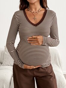 SHEIN Maternity Striped V-Neck Long Sleeve Casual Versatile T-Shirt Fall - Brown - View 9