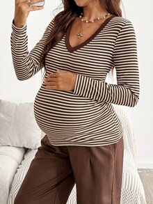 SHEIN Maternity Striped V-Neck Long Sleeve Casual Versatile T-Shirt Fall - Brown - View 5