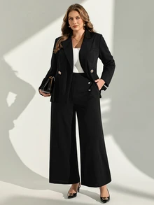 Chikora 大尺碼女款套裝，秋季優雅服飾套裝，職場通勤金屬扣裝飾正式晚餐辦公黑色 - 黑色 - 查看 4
