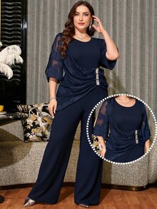 Reflora Plus Size Elegant Summer Party Cocktail Formal Navy Blue Rhinestone Embellished Long Jumpsuit - Navy Blue - View 8