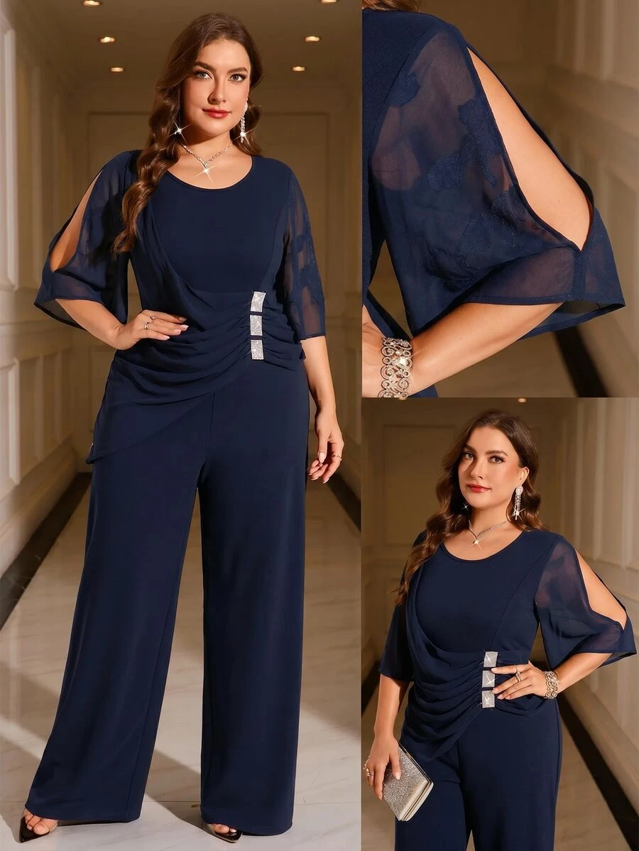 Reflora Plus Size Elegant Summer Party Cocktail Formal Navy Blue Rhinestone Embellished Long Jumpsuit