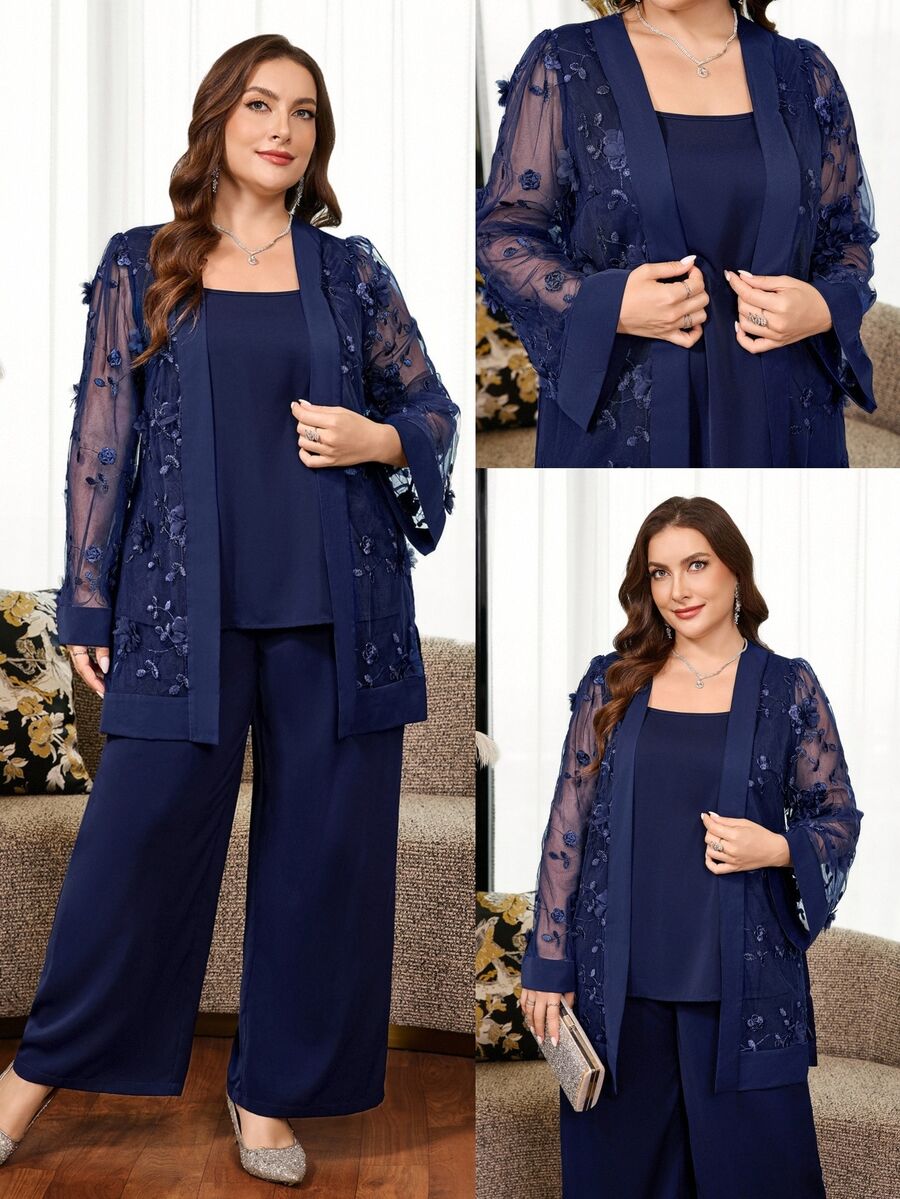 Reflora Plus Size Women 2 Pieces Set Autumn Winter Elegant Traditional Navy Blue Outfit With Rhinestone Decor For Party Formal Mother Of The Bride Wedding