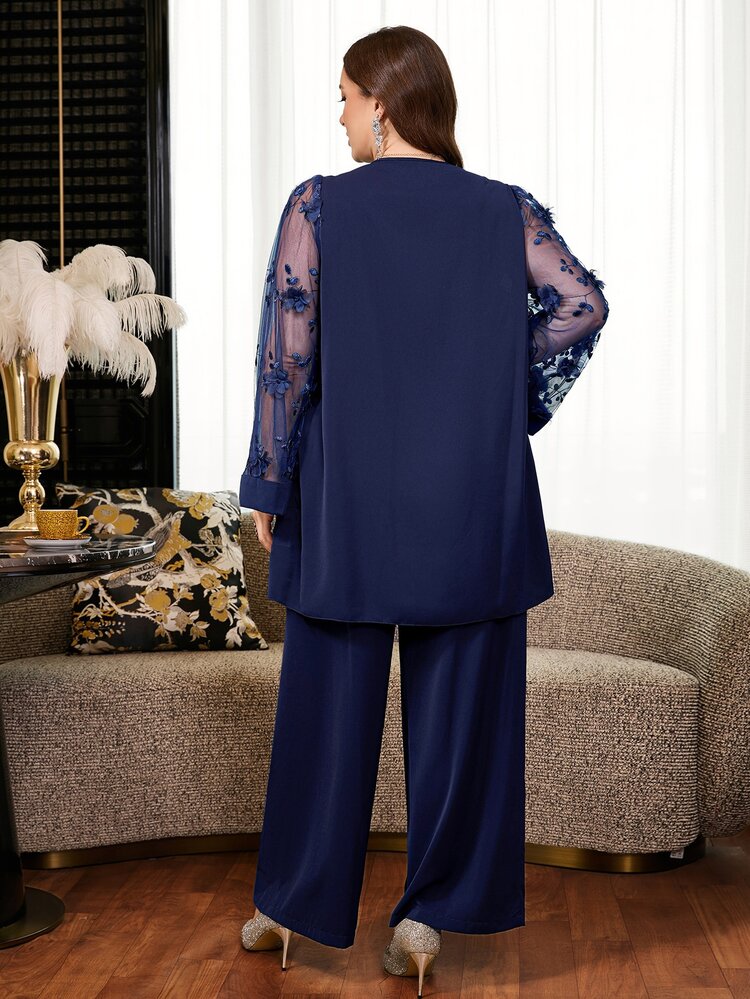 Reflora Plus Size Women 2 Pieces Set Autumn Winter Elegant Traditional Navy Blue Outfit With Rhinestone Decor For Party Formal Mother Of The Bride Wedding - Navy Blue - View 2