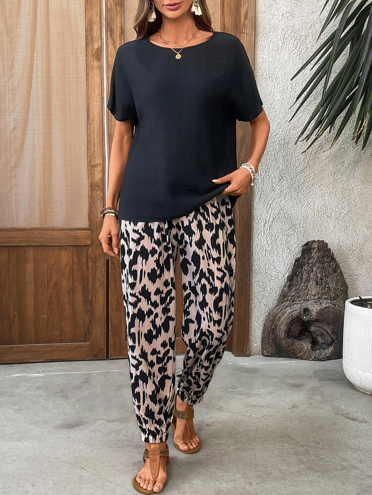 EMERY ROSE Conjunto de 2 piezas para mujer con top de color liso & pantalones con estampado integral, atuendo casual de verano - Multicolor - Añade 4