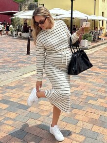 SHEIN Maternity Round Neck Long Sleeve Striped Maxi Dress Fall - Apricot - View 3