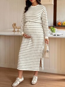 SHEIN Maternity Round Neck Long Sleeve Striped Maxi Dress Fall - Apricot - View 2