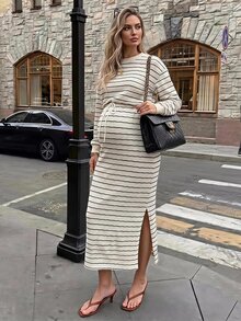 SHEIN Maternity Round Neck Long Sleeve Striped Maxi Dress Fall - Apricot - View 4