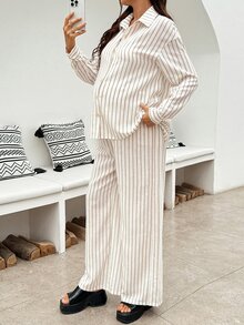 SHEIN Maternity Striped Single-Breasted Long Sleeve Top And Pants Casual Normal Daily 2 Pieces Set Autumn Going Home Hospital White - Multicolor - View 11