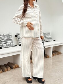 SHEIN Maternity Striped Single-Breasted Long Sleeve Top And Pants Casual Normal Daily 2 Pieces Set Autumn Going Home Hospital White - Multicolor - View 6