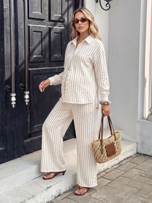 SHEIN Maternity Striped Single-Breasted Long Sleeve Top And Pants Casual Normal Daily 2 Pieces Set Autumn Going Home Hospital White - Multicolor - View 12