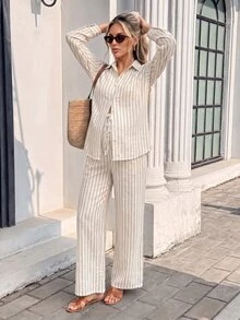 SHEIN Maternity Striped Single-Breasted Long Sleeve Top And Pants Casual Normal Daily 2 Pieces Set Autumn Going Home Hospital White - Multicolor - View 4