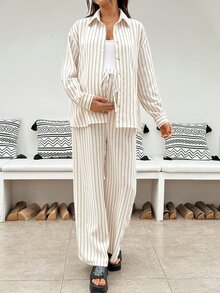 SHEIN Maternity Striped Single-Breasted Long Sleeve Top And Pants Casual Normal Daily 2 Pieces Set Autumn Going Home Hospital White - Multicolor - View 7