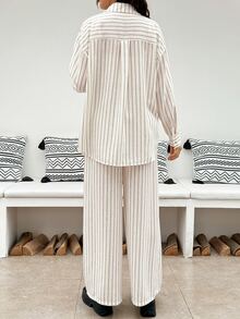SHEIN Maternity Striped Single-Breasted Long Sleeve Top And Pants Casual Normal Daily 2 Pieces Set Autumn Going Home Hospital White - Multicolor - View 10