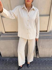SHEIN Maternity Striped Single-Breasted Long Sleeve Top And Pants Casual Normal Daily 2 Pieces Set Autumn Going Home Hospital White - Multicolor - View 2