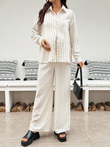 SHEIN Maternity Striped Single-Breasted Long Sleeve Top And Pants Casual Normal Daily 2 Pieces Set Autumn Going Home Hospital White - Multicolor - View 9