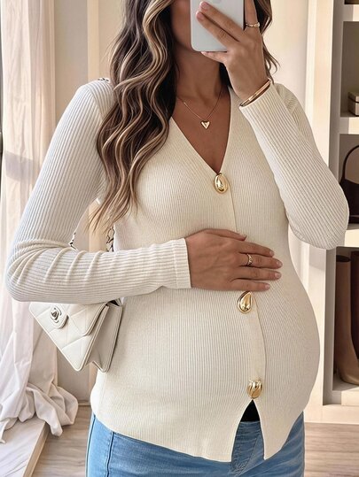 SHEIN Suéter de punto acanalado con cuello en V y botones delanteros, color liso minimalista, para maternidad, otoño/invierno