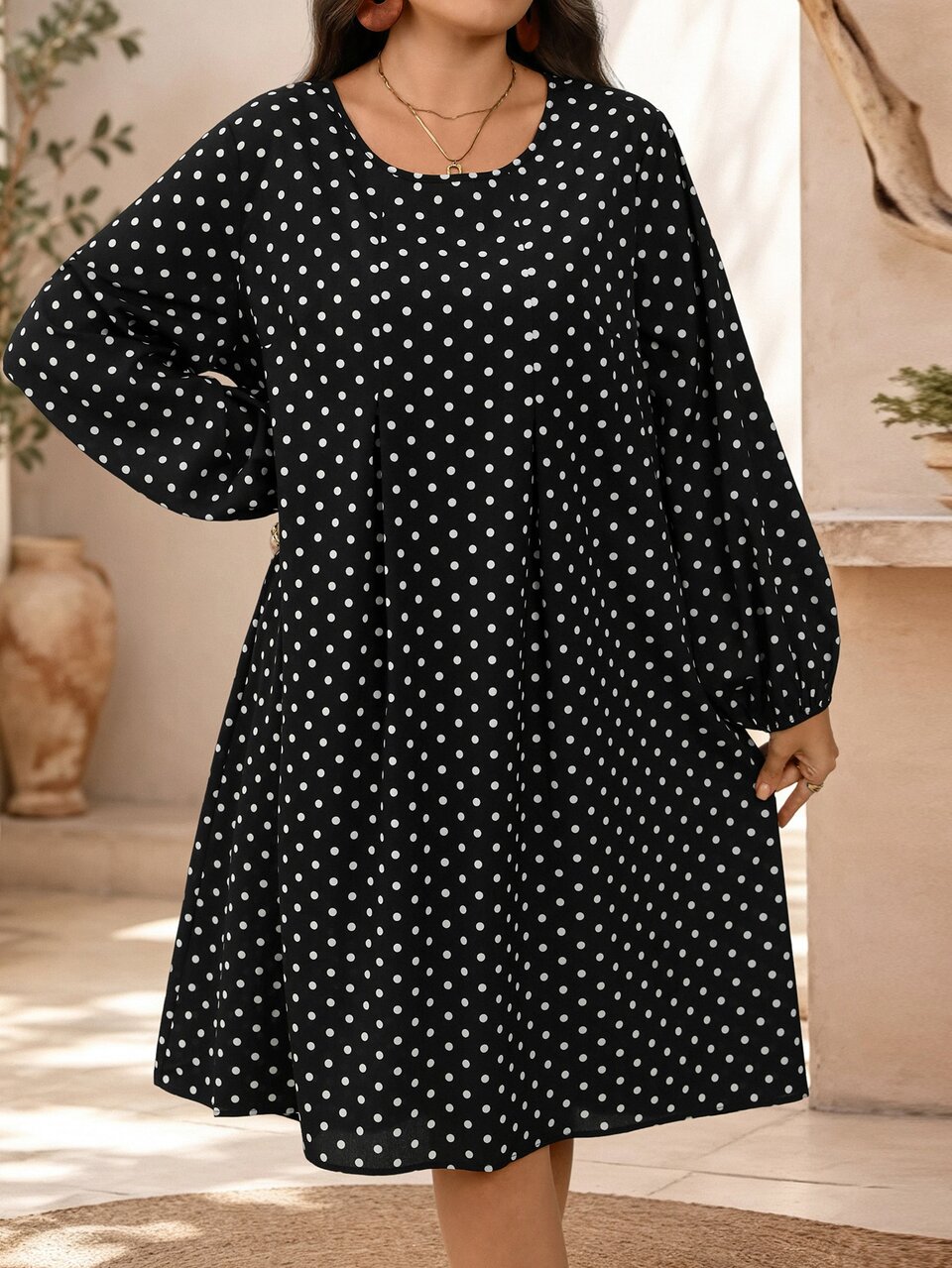 Plus Size Polka Dot Print Lantern Sleeve Dress. Black & White, Vintage Style. Perfect For Office Wear & Autumn Vacation Outfits Fall