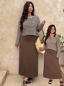 SHEIN Frenchy Plus-Size Women'S Two Pieces Autumn Set: Black White Chocolate Brown Long-Sleeve Crew-Neck Top With Dress,Thanksgiving Birthday Evening Formal Brunch - Brown - View 4