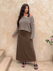 SHEIN Frenchy Plus-Size Women'S Two Pieces Autumn Set: Black White Chocolate Brown Long-Sleeve Crew-Neck Top With Dress,Thanksgiving Birthday Evening Formal Brunch - Brown - View 6