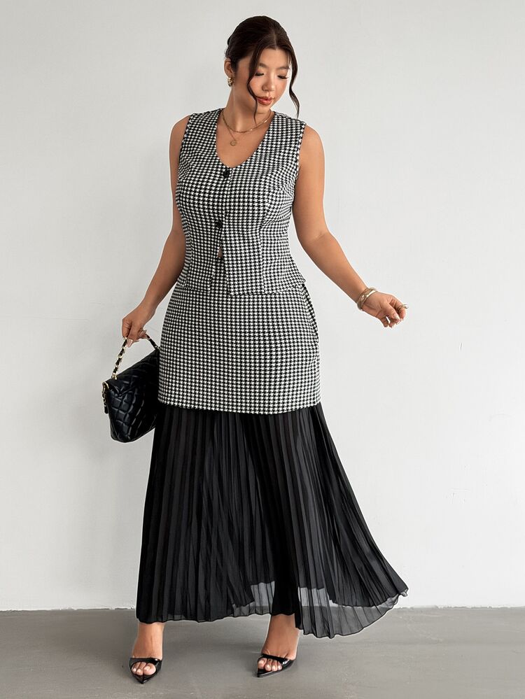 Firerie Plus Size Women's Plaid Single-Breasted Blouse And Pleated Colorblock Skirt Casual Everyday Suit Set Fall/Winter Elegant Office Business Work Suit Set - Black and White - View 4