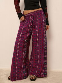 Freevana Boho Casual Purple Geometric Print High Waisted Drawstring Flowy Wide Leg Palazzo Pants With Pockets Beach Autumn - Multicolor - View 4