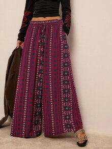 Freevana Boho Casual Purple Geometric Print High Waisted Drawstring Flowy Wide Leg Palazzo Pants With Pockets Beach Autumn - Multicolor - View 3