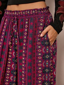 Freevana Boho Casual Purple Geometric Print High Waisted Drawstring Flowy Wide Leg Palazzo Pants With Pockets Beach Autumn - Multicolor - View 5
