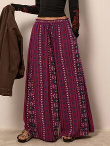Freevana Boho Casual Purple Geometric Print High Waisted Drawstring Flowy Wide Leg Palazzo Pants With Pockets Beach Autumn - Multicolor - View 7