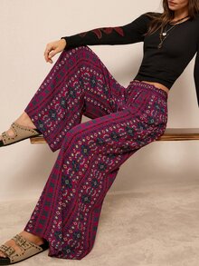 Freevana Boho Casual Purple Geometric Print High Waisted Drawstring Flowy Wide Leg Palazzo Pants With Pockets Beach Autumn - Multicolor - View 1