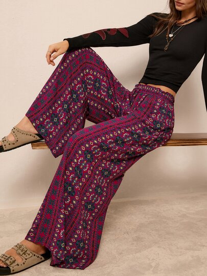 Freevana Pantalones palazzo de pierna ancha con cintura alta, cordón ajustable, estampado geométrico púrpura, estilo boho casual, con bolsillos, para playa y otoño