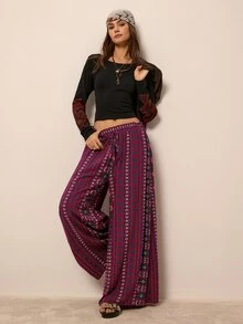 Freevana Boho Casual Purple Geometric Print High Waisted Drawstring Flowy Wide Leg Palazzo Pants With Pockets Beach Autumn - Multicolor - View 6
