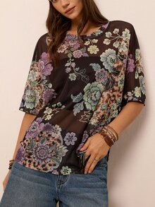 Freevana Women's Floral Print Casual Sexy Daily Wear Top Vacation Night Out Rainbow Leopard Summer - Black - View 3