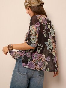 Freevana Women's Floral Print Casual Sexy Daily Wear Top Vacation Night Out Rainbow Leopard Summer - Black - View 2