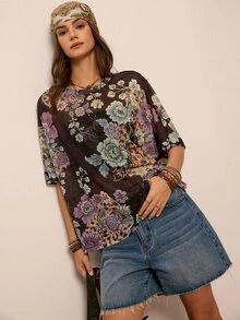 Freevana Women's Floral Print Casual Sexy Daily Wear Top Vacation Night Out Rainbow Leopard Summer - Black - View 1