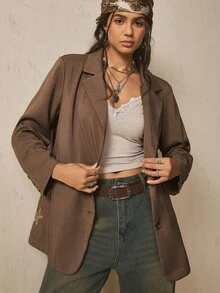 Levarali Women's Casual Smart Plus Size Brown Blazer Long Sleeve Lapel Collar Office Business Formal Work Suit Jackets Tops Fall Teachers' Day - Khaki - View 9