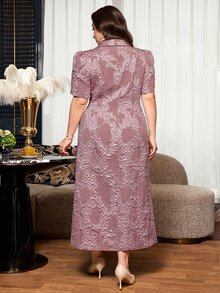 SHEIN Clasi 大尺碼女款洋裝 春夏優雅浪漫短袖 收腰顯瘦 適合辦公室、婚禮、晚宴、通勤、休閒外出 - 藕粉色 - 查看 4
