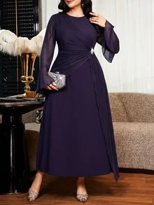 Reflora Elegantes Partykleid in Große Größen mit Glockenärmeln für den Herbst - Violett - Übersicht 6