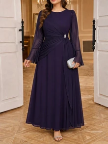 Reflora Elegantes Partykleid in Große Größen mit Glockenärmeln für den Herbst - Violett - Übersicht 1