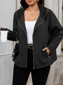 Reflora Plus Size Women Solid Color Hooded Zip-Up Casual Cowboy Daily Hiking Long Sleeve Jacket Autumn - Black - View 5