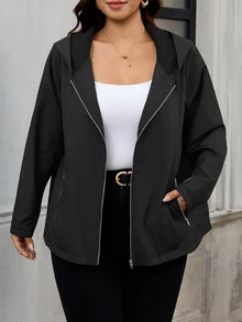 Reflora Plus Size Women Solid Color Hooded Zip-Up Casual Cowboy Daily Hiking Long Sleeve Jacket Autumn - Black - View 7