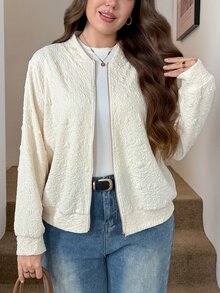 SHEIN LUNE 大尺碼女款純色棒球領拉鍊休閒百搭日常外套 機場白 秋冬款 - 杏色 - 查看 6