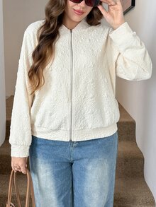 SHEIN LUNE 大尺碼女款純色棒球領拉鍊休閒百搭日常外套 機場白 秋冬款 - 杏色 - 查看 5