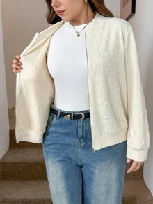 SHEIN LUNE 大尺碼女款純色棒球領拉鍊休閒百搭日常外套 機場白 秋冬款 - 杏色 - 查看 7