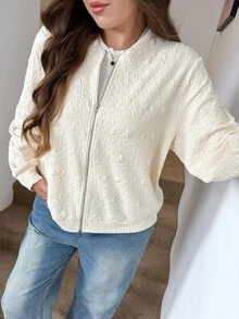 SHEIN LUNE 大尺碼女款純色棒球領拉鍊休閒百搭日常外套 機場白 秋冬款 - 杏色 - 查看 1