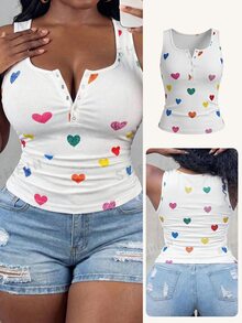 Slaydiva Plus Size Women Heart & Graphic Print Button-Up Sleeveless Top - White - View 2
