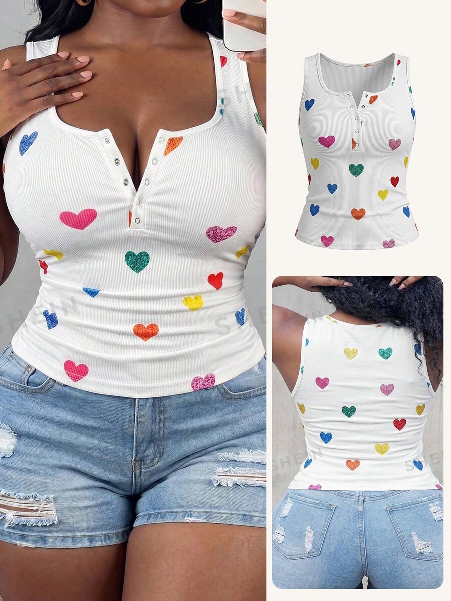Slaydiva Plus Size Women Heart & Graphic Print Button-Up Sleeveless Top