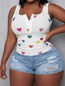 Slaydiva Plus Size Women Heart & Graphic Print Button-Up Sleeveless Top - White - View 6