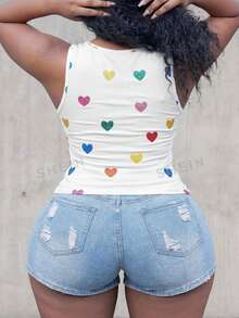 Slaydiva Plus Size Women Heart & Graphic Print Button-Up Sleeveless Top - White - View 3