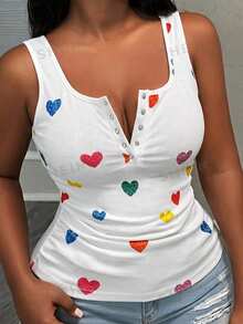 Slaydiva Plus Size Women Heart & Graphic Print Button-Up Sleeveless Top - White - View 5